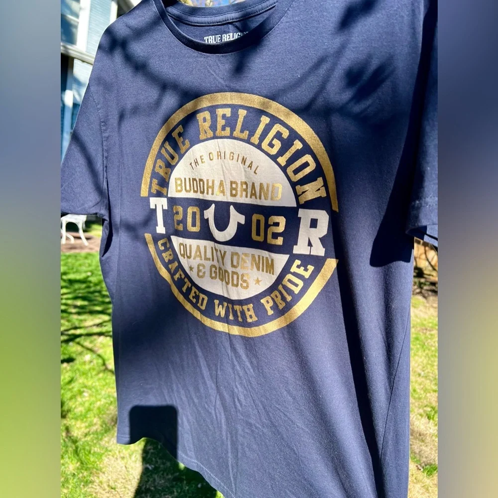 NWOT Mens True Religion T-shirt Double Puff Crew navy gold Buddha Brand 2002 y2k